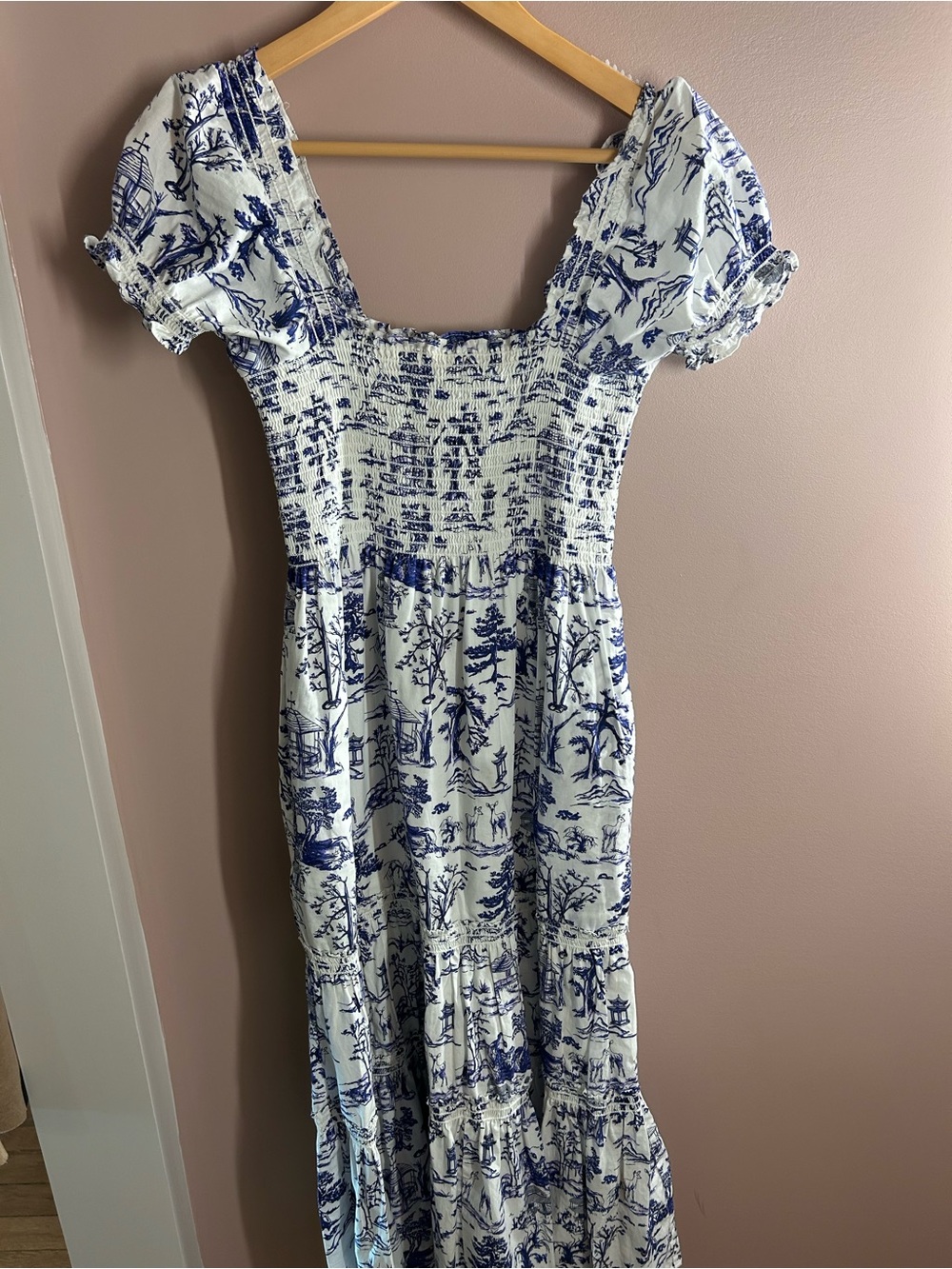 Blue & White Toile Maxi Dress with Smocked Bodice